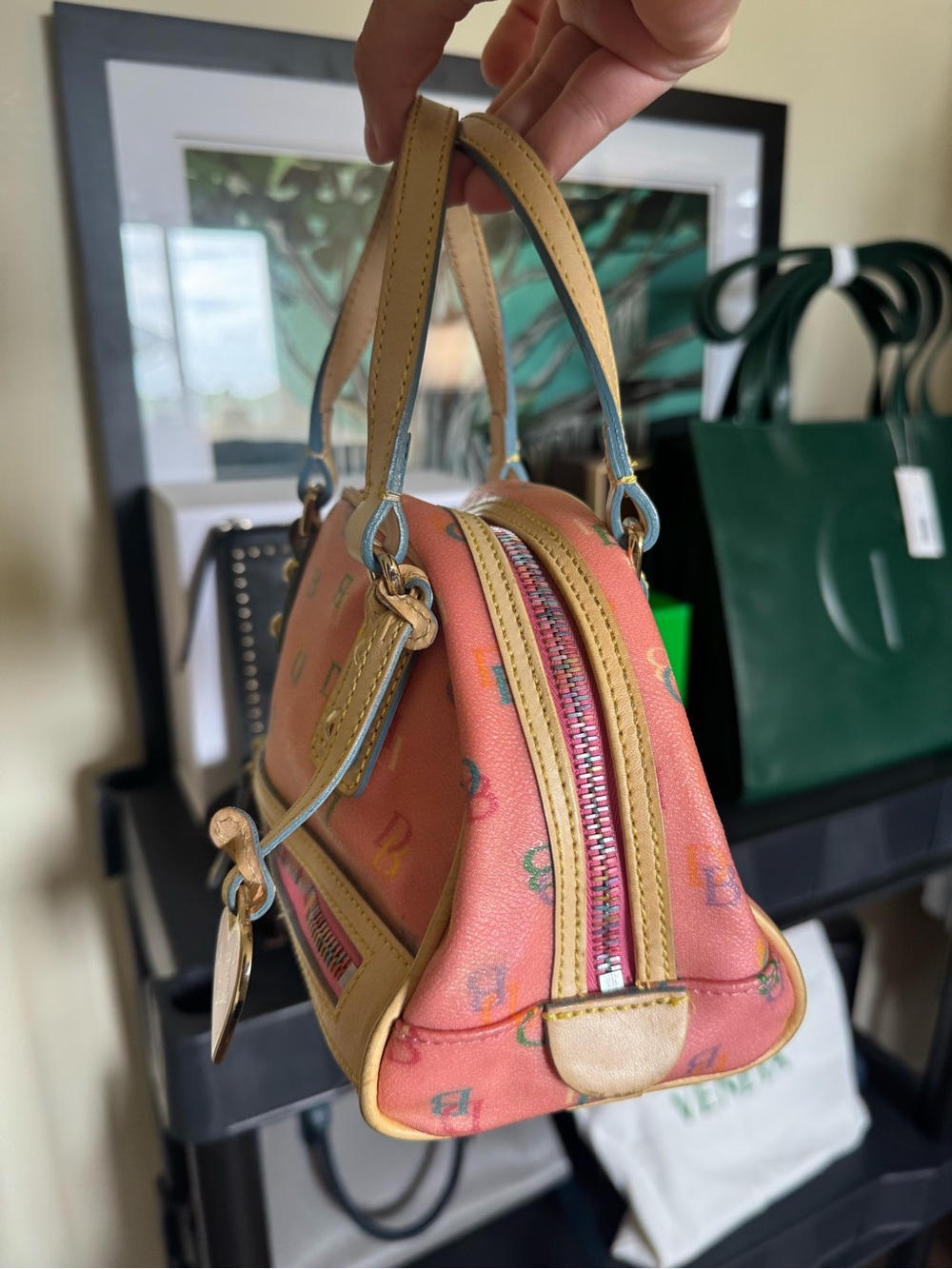 Dooney & Bourke Coral Pink Multi Logo Mini Satchel with Tan Trim - Picture 4 of 10